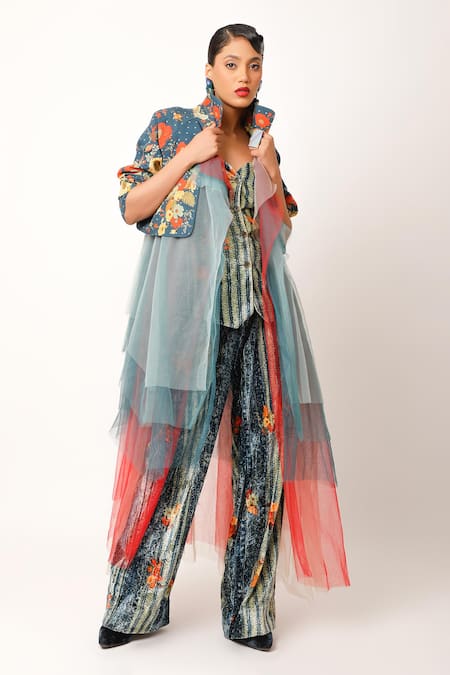 Jajaabor_Blue Cotton Collared Midnight Flora Print Tulle Trench Jacket _Online_at_Aza_Fashions