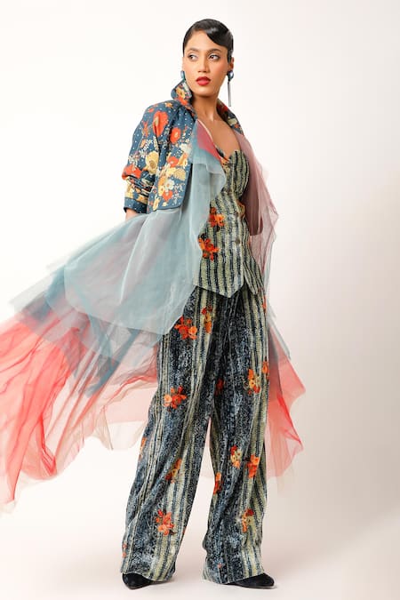 Buy_Jajaabor_Blue Cotton Collared Midnight Flora Print Tulle Trench Jacket _Online_at_Aza_Fashions