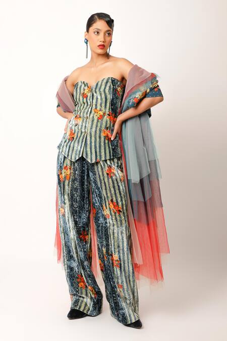 Shop_Jajaabor_Blue Cotton Collared Midnight Flora Print Tulle Trench Jacket _Online_at_Aza_Fashions