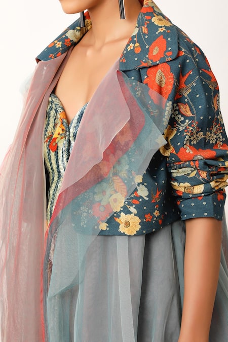 Jajaabor_Blue Cotton Collared Midnight Flora Print Tulle Trench Jacket _at_Aza_Fashions