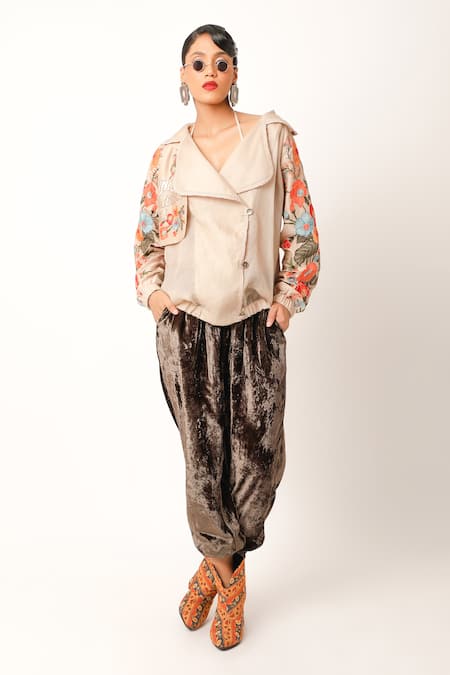 Buy Jajaabor Beige Organza Embroidery Bloom Garden Wide Collar Trench Bomber Jacket Online at Aza Fashions Buy_Jajaabor_Beige Organza Embroidery Bloom Garden Wide Collar Trench Bomber Jacket _Online_at_Aza_Fashions