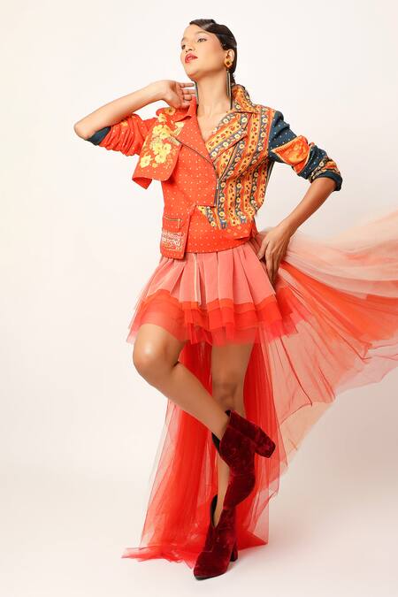 Jajaabor Orange Cotton Embroidery Collared Petunia Flora Double Print Biker Jacket Online at Aza Fashions Jajaabor_Orange Cotton Embroidery Collared Petunia Flora Double Print Biker Jacket _Online_at_Aza_Fashions