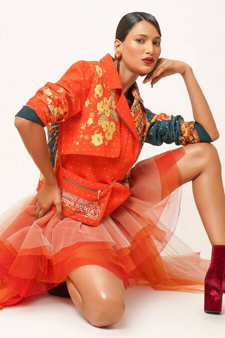 Shop Jajaabor Orange Cotton Embroidery Collared Petunia Flora Double Print Biker Jacket Online at Aza Fashions Shop_Jajaabor_Orange Cotton Embroidery Collared Petunia Flora Double Print Biker Jacket _Online_at_Aza_Fashions