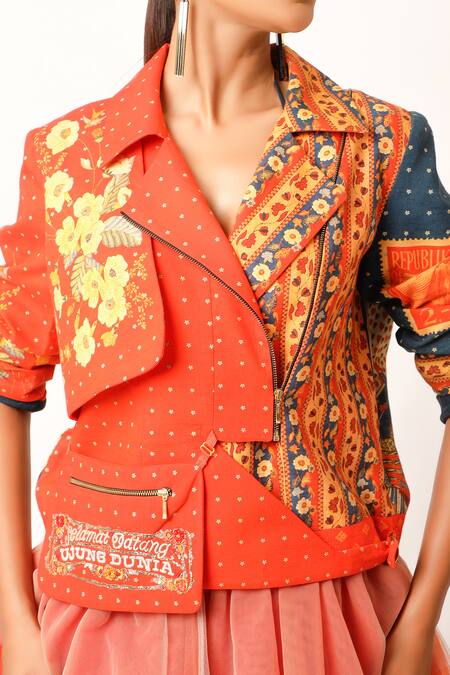 Jajaabor Orange Cotton Embroidery Collared Petunia Flora Double Print Biker Jacket at Aza Fashions Jajaabor_Orange Cotton Embroidery Collared Petunia Flora Double Print Biker Jacket _at_Aza_Fashions
