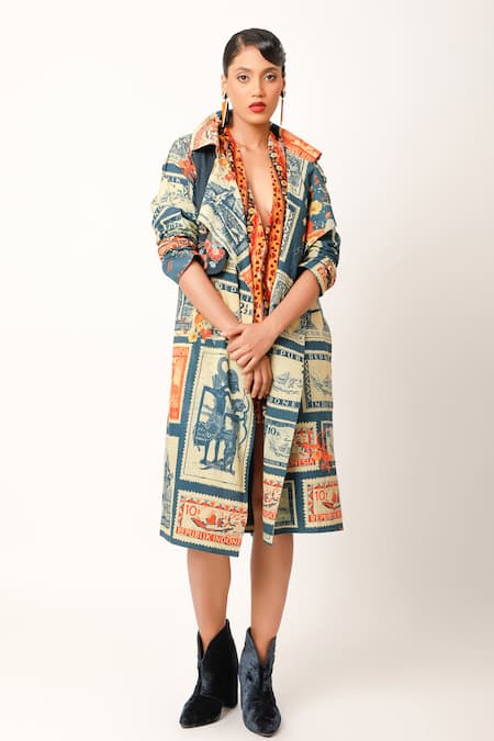 Jajaabor_Blue Cotton Collared Postage Stamp Print Lapel Long Trench Jacket _Online_at_Aza_Fashions