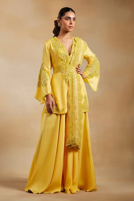 The House of Exotique Yellow Habutai Silk Hand Embellished Beads V Neck Kurta Sharara Set  