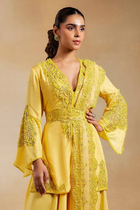House of Exotique_Yellow Silk Beads, Crystals, Embroidery Hand Embellished Kurta Sharara Set _Online_at_Aza_Fashions
