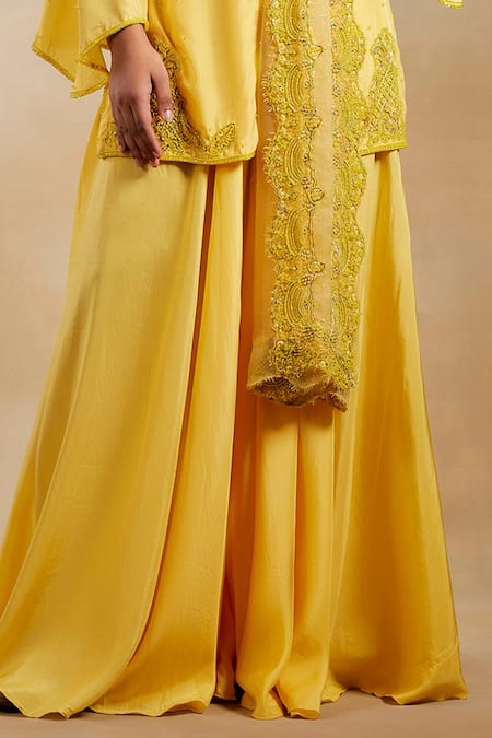 Buy_House of Exotique_Yellow Silk Beads, Crystals, Embroidery Hand Embellished Kurta Sharara Set _Online_at_Aza_Fashions