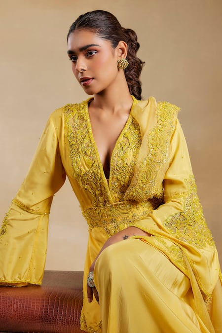 Shop_House of Exotique_Yellow Silk Beads, Crystals, Embroidery Hand Embellished Kurta Sharara Set _Online_at_Aza_Fashions