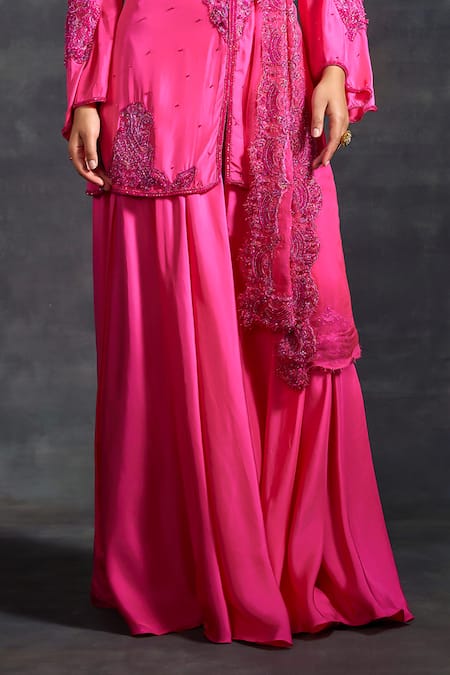 House of Exotique_Pink Silk Beads, Crystals, Embroidery Floral Hand Embellished Kurta Sharara Set _Online_at_Aza_Fashions
