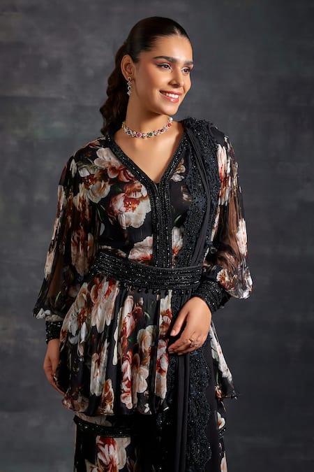 House of Exotique_Black Crepe, Chiffon Beads, Crystals Floral Bloom Pattern Kurta Sharara Set _Online_at_Aza_Fashions
