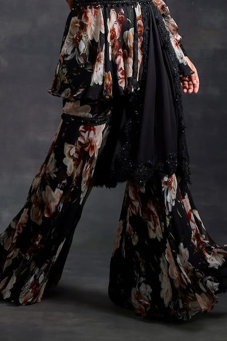 Buy_House of Exotique_Black Crepe, Chiffon Beads, Crystals Floral Bloom Pattern Kurta Sharara Set _Online_at_Aza_Fashions