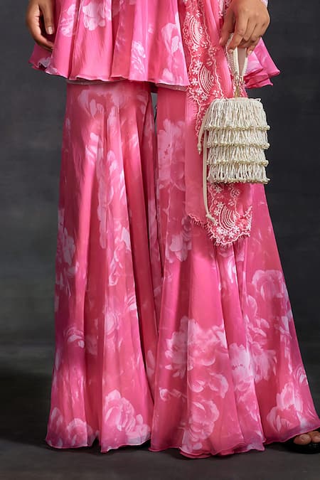 House of Exotique_Pink Crepe, Chiffon Beads, Crystals, Floral Bloom Print Kurta Sharara Set _Online_at_Aza_Fashions