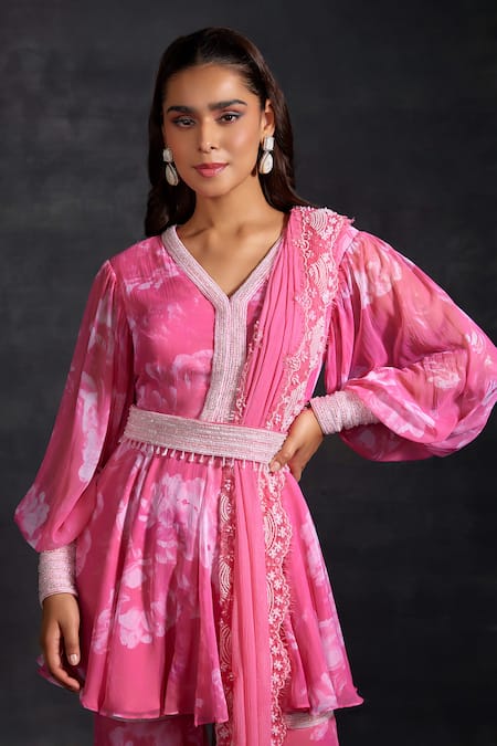 Buy_House of Exotique_Pink Crepe, Chiffon Beads, Crystals, Floral Bloom Print Kurta Sharara Set _Online_at_Aza_Fashions