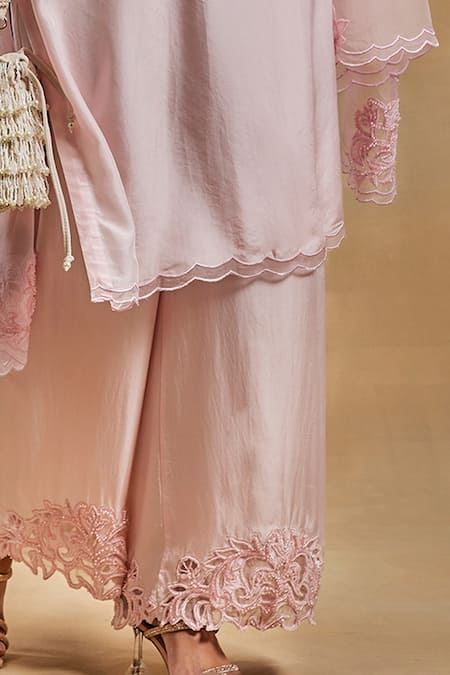 House of Exotique_Pink Organza, Silk Embroidery, Beads, Crystals Floral Cut Work Kurta Pant Set _Online_at_Aza_Fashions