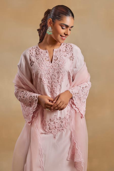 Buy_House of Exotique_Pink Organza, Silk Embroidery, Beads, Crystals Floral Cut Work Kurta Pant Set _Online_at_Aza_Fashions