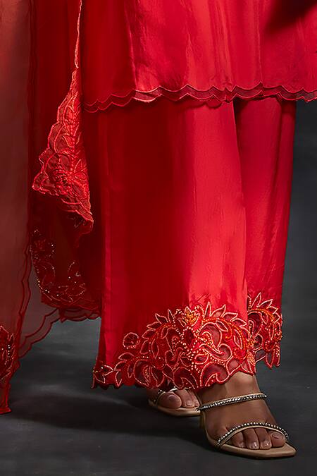 House of Exotique_Red Organza, Silk Embroidery, Beads, Floral Cut Work Straight Kurta Pant Set _Online_at_Aza_Fashions