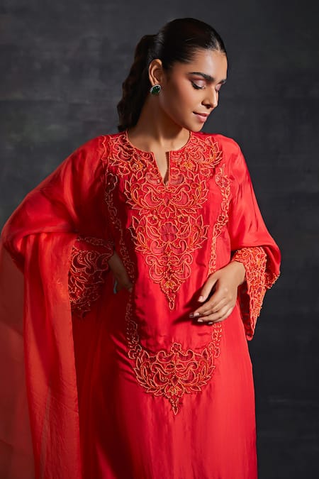 Buy_House of Exotique_Red Organza, Silk Embroidery, Beads, Floral Cut Work Straight Kurta Pant Set _Online_at_Aza_Fashions