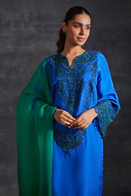 Buy_House of Exotique_Blue Organza, Silk Embroidery, Beads, Floral Hand Embellished Kurta Pant Set _Online_at_Aza_Fashions