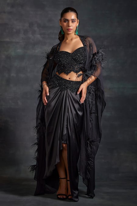 The House of Exotique Black Viscose Georgette Embellished Beads Tonal Cape Draped Skirt Set  