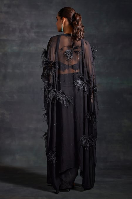 House of Exotique Tonal Embellished Cape Draped Skirt Set 