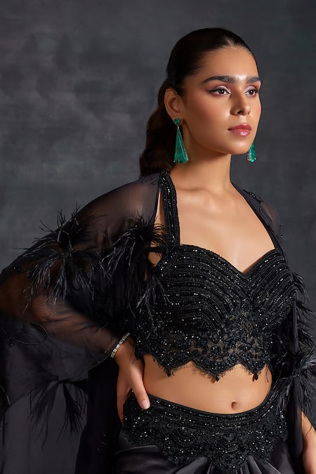 House of Exotique Black Viscose, Georgette, Lycra, Satin, Tonal Embellished Cape Draped Skirt Set Online at Aza Fashions House of Exotique_Black Viscose, Georgette, Lycra, Satin, Tonal Embellished Cape Draped Skirt Set _Online_at_Aza_Fashions