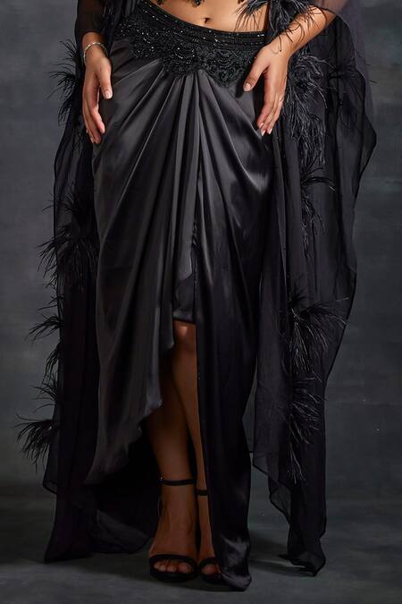 Buy House of Exotique Black Viscose, Georgette, Lycra, Satin, Tonal Embellished Cape Draped Skirt Set Online at Aza Fashions Buy_House of Exotique_Black Viscose, Georgette, Lycra, Satin, Tonal Embellished Cape Draped Skirt Set _Online_at_Aza_Fashions