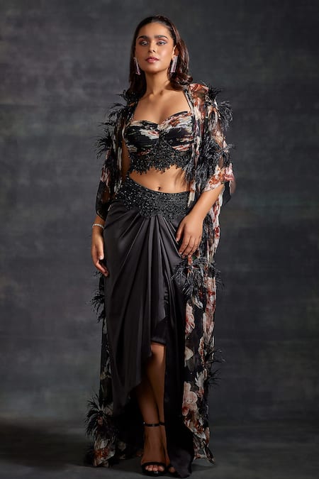 The House of Exotique Black Crinkle Chiffon Print Floral Bloom Pattern Cape Draped Skirt Set 