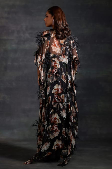 House of Exotique Floral Bloom Pattern Cape Draped Skirt Set 