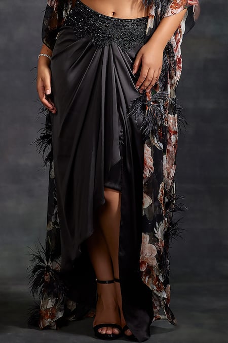 House of Exotique_Black Lycra, Chiffon Crystals, Beads Floral Bloom Pattern Cape Draped Skirt Set _Online_at_Aza_Fashions