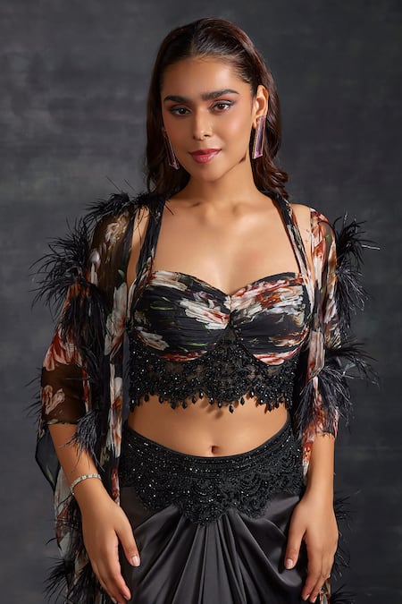 Buy_House of Exotique_Black Lycra, Chiffon Crystals, Beads Floral Bloom Pattern Cape Draped Skirt Set _Online_at_Aza_Fashions