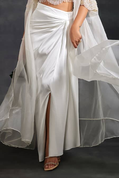 House of Exotique_Ivory , Organza, Satin Crystals, Beads Sheer Cape Asymmetric Skirt Set _Online_at_Aza_Fashions