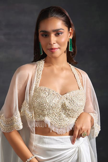 Buy_House of Exotique_Ivory , Organza, Satin Crystals, Beads Sheer Cape Asymmetric Skirt Set _Online_at_Aza_Fashions