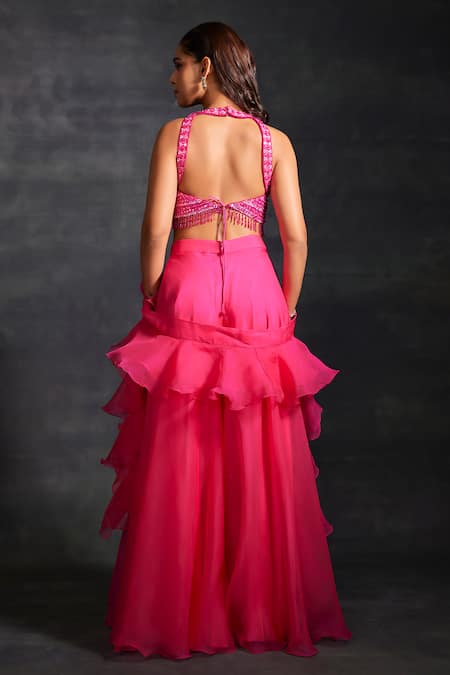 House of Exotique Crystal Embellished Blouse Flared Pant Set 