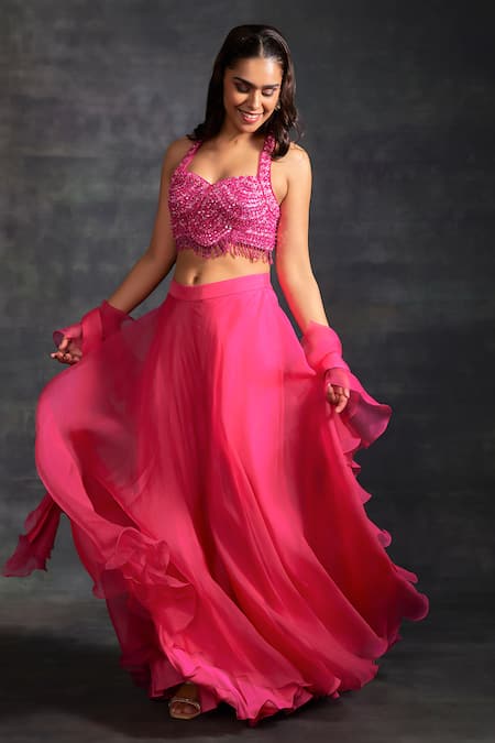 House of Exotique_Pink Organza, Net Crystals, Beads Sweetheart Embellished Blouse Flared Pant Set _Online_at_Aza_Fashions