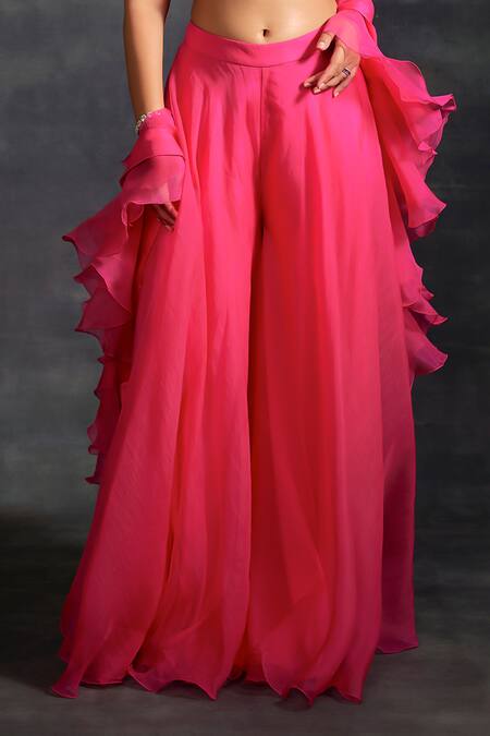 Shop_House of Exotique_Pink Organza, Net Crystals, Beads Sweetheart Embellished Blouse Flared Pant Set _Online_at_Aza_Fashions