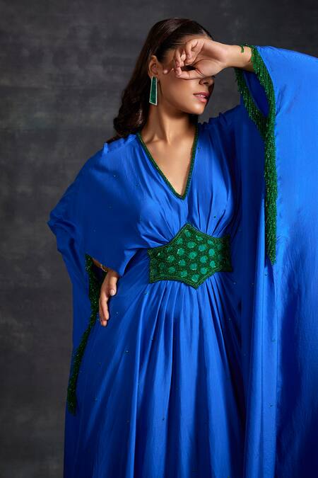 House of Exotique_Blue Silk Crystals, Beads V-neck Placement Embellished Kaftan _Online_at_Aza_Fashions