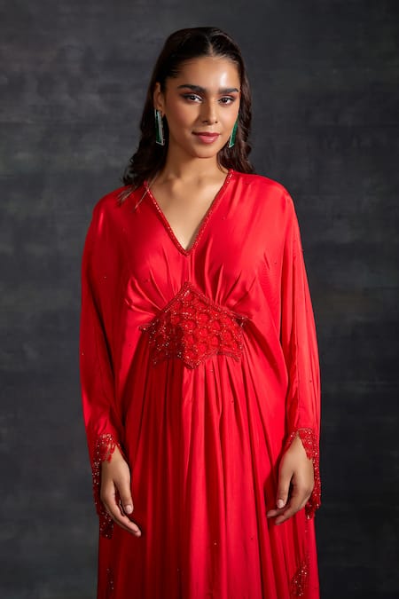House of Exotique Red Silk Crystals, Beads V-neck Placement Tonal Embellished Kaftan Online at Aza Fashions House of Exotique_Red Silk Crystals, Beads V-neck Placement Tonal Embellished Kaftan _Online_at_Aza_Fashions