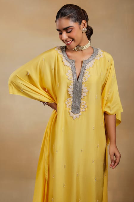 House of Exotique_Yellow Silk Beads, Crystals Split V-neck Embellished Placket Kaftan _Online_at_Aza_Fashions