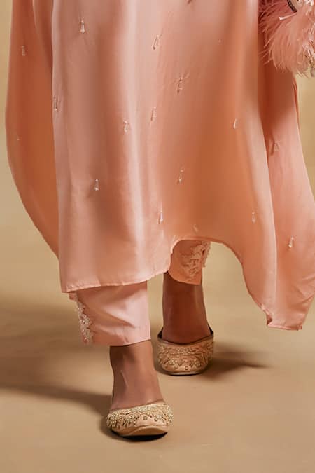 House of Exotique_Peach Silk Beads, Crystals, Embroidery Split Embellished Placket Kurta With Pant _Online_at_Aza_Fashions