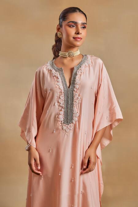 Buy_House of Exotique_Peach Silk Beads, Crystals, Embroidery Split Embellished Placket Kurta With Pant _Online_at_Aza_Fashions