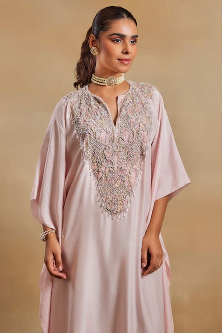 House of Exotique_Pink Silk, Lace Crystals, Beads Split V-neck Embellished Yoke Kaftan _Online_at_Aza_Fashions