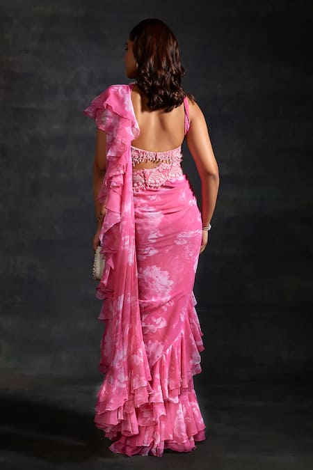House of Exotique Floral Print Ruffle Saree With Blouse 