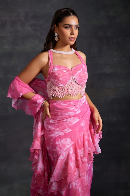 House of Exotique_Pink Chiffon, Crepe Beads, Crystals Floral Print Ruffle Saree With Blouse _Online_at_Aza_Fashions