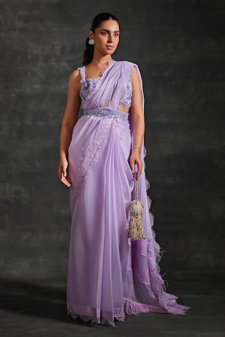 Buy Purple Crushed Organza Pre-stitched Saree And Crystal Blouse Set For  Women by The House of Exotique Online at Aza Fashions.