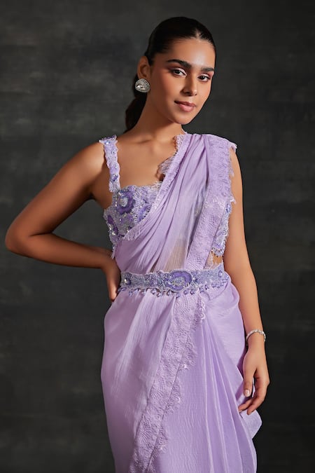 House of Exotique_Purple Crepe Crystals, Beads Square Pre-stitched Saree And Embellished Blouse Set _Online_at_Aza_Fashions