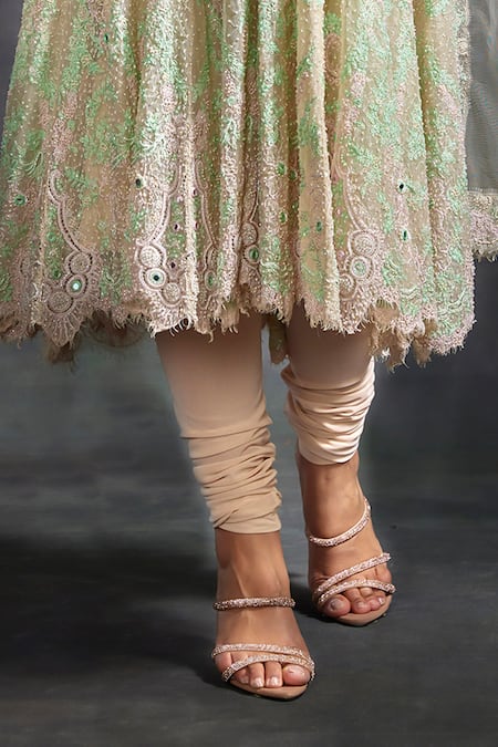 House of Exotique_Beige Chiffon, Cotton Crystals, Beads Floral Embellished Anarkali Churidar Set _Online_at_Aza_Fashions