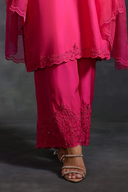 House of Exotique_Pink Silk Embroidery Split V-neck Tonal Flower Kurta Pant Set _Online_at_Aza_Fashions