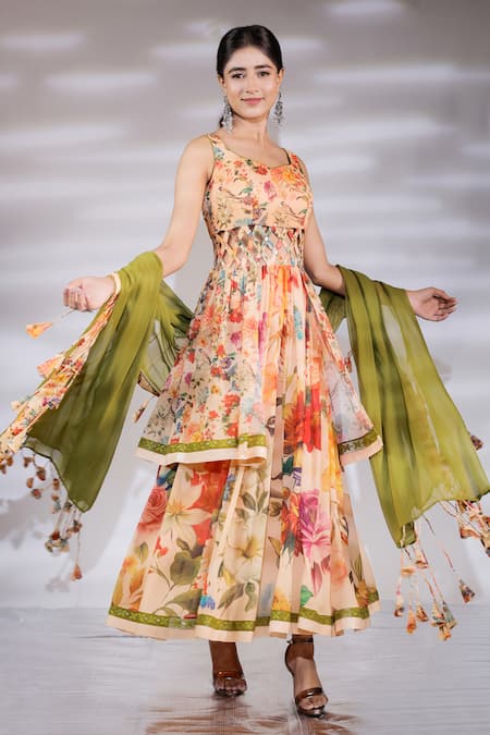 Jubinav Chadha Multi Color Anarkali Georgette Printed Floral V-neck Overlap Panel Pant Set