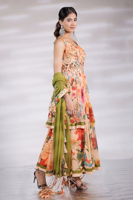 Jubinav Chadha_Multi Color Georgette, Cotton, Silk Floral Print Overlap Panel Anarkali Pant Set _Online_at_Aza_Fashions